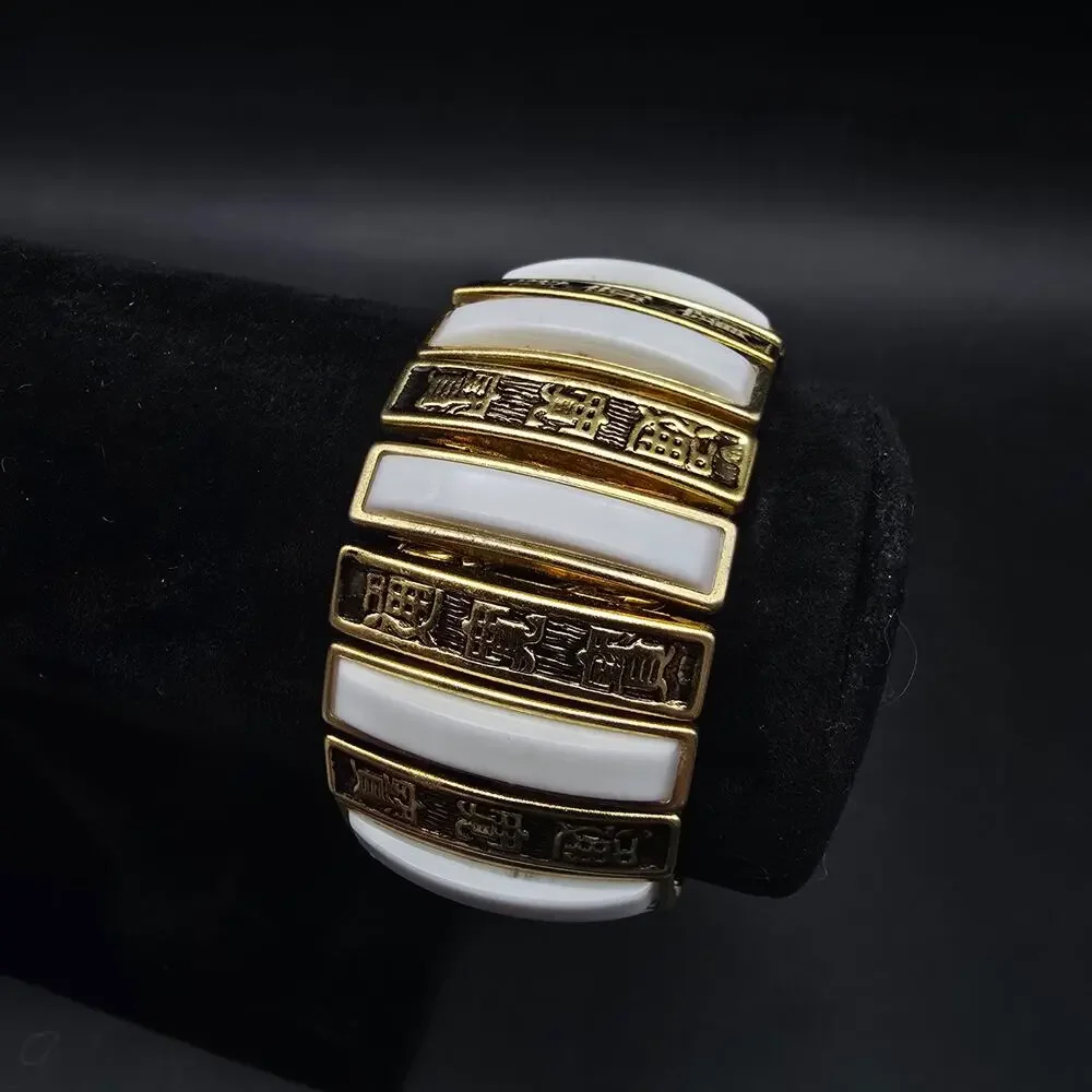 Gold Tone White Asian Theme Expansion Bracelet Vintage Costume Jewelry